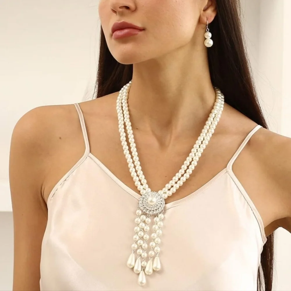 NWT Pearl Crystal Tassel Art Deco Silver Necklace & Earrings Set